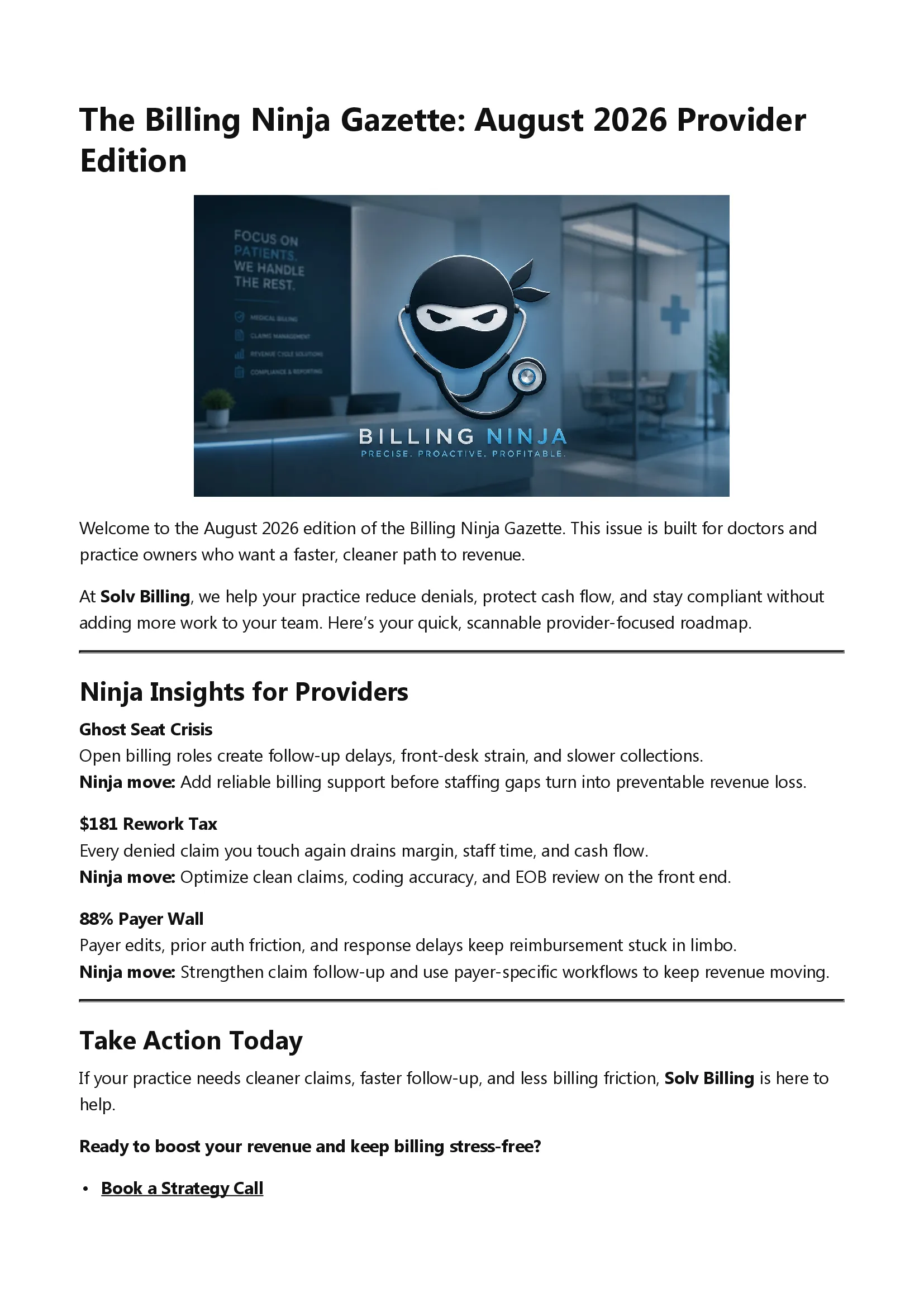 The Billing Ninja Gazette August 2026 Provider Edition page one