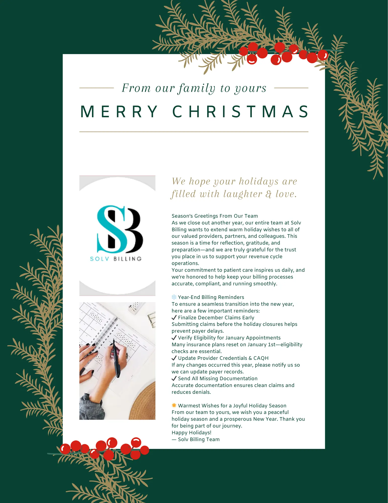 Solv Billing December 2025 holiday newsletter page