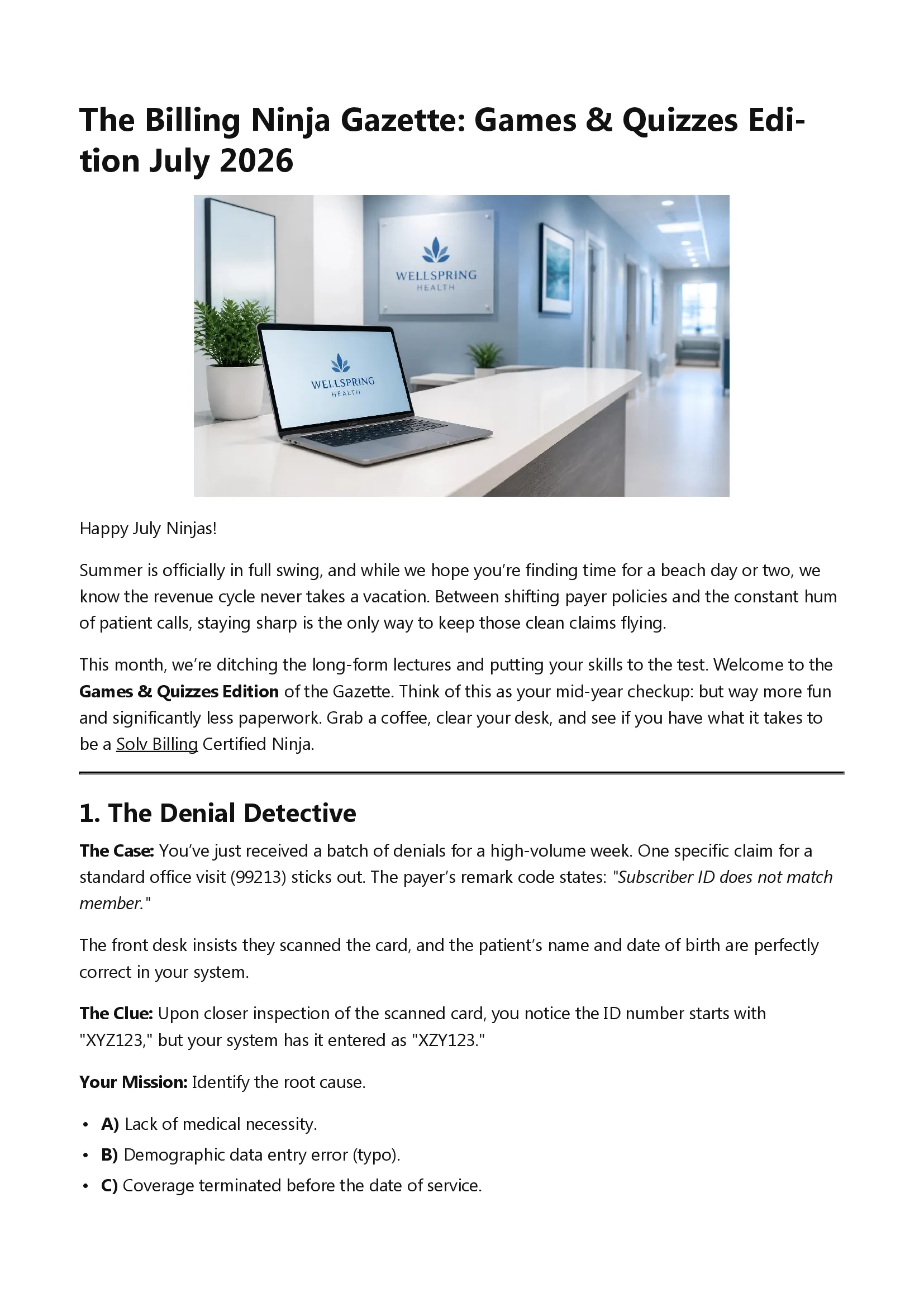 Billing Ninja Gazette Games and Quizzes Edition July 2026 page 1