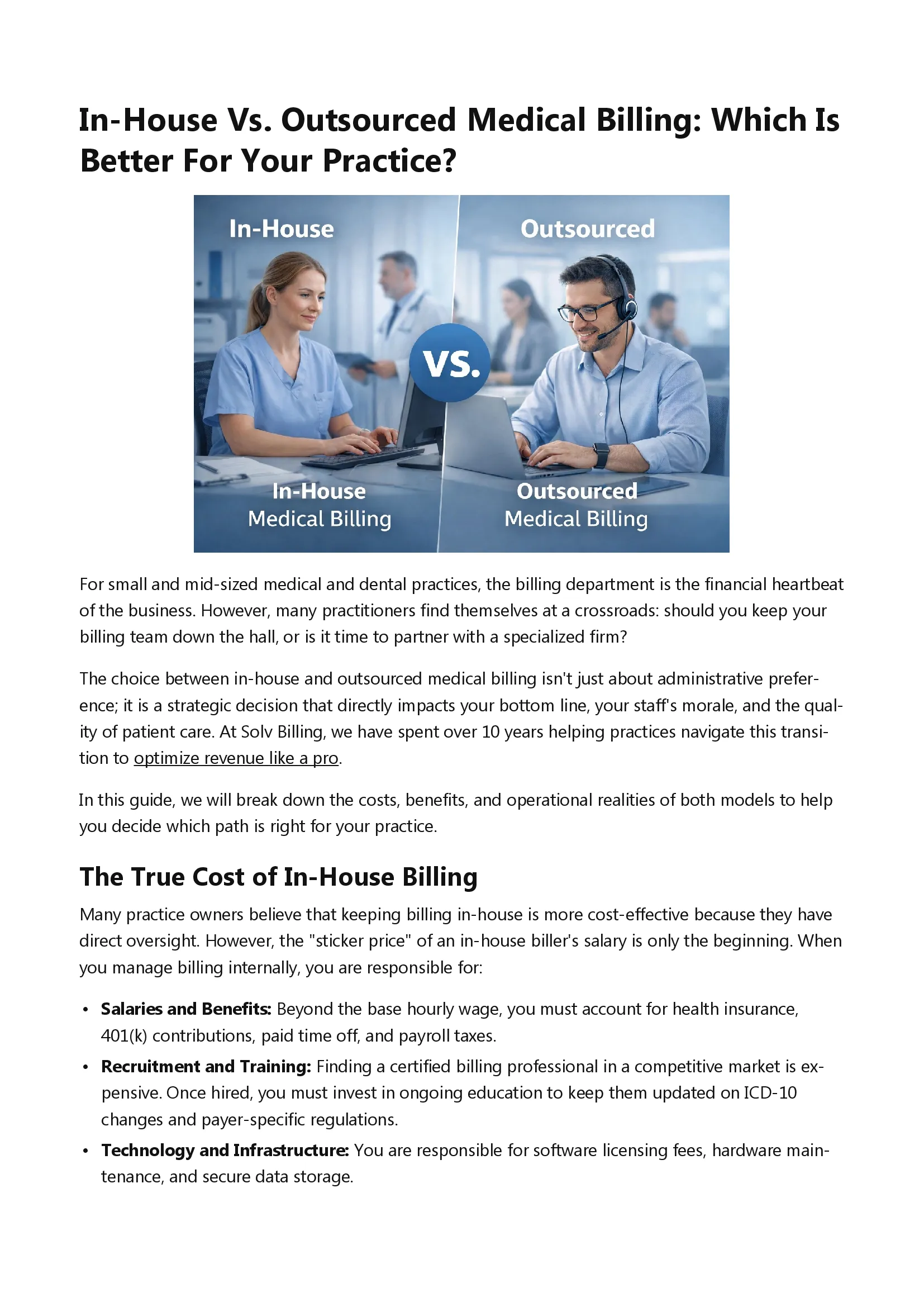 March 2026 newsletter cover about in-house versus outsourced medical billing