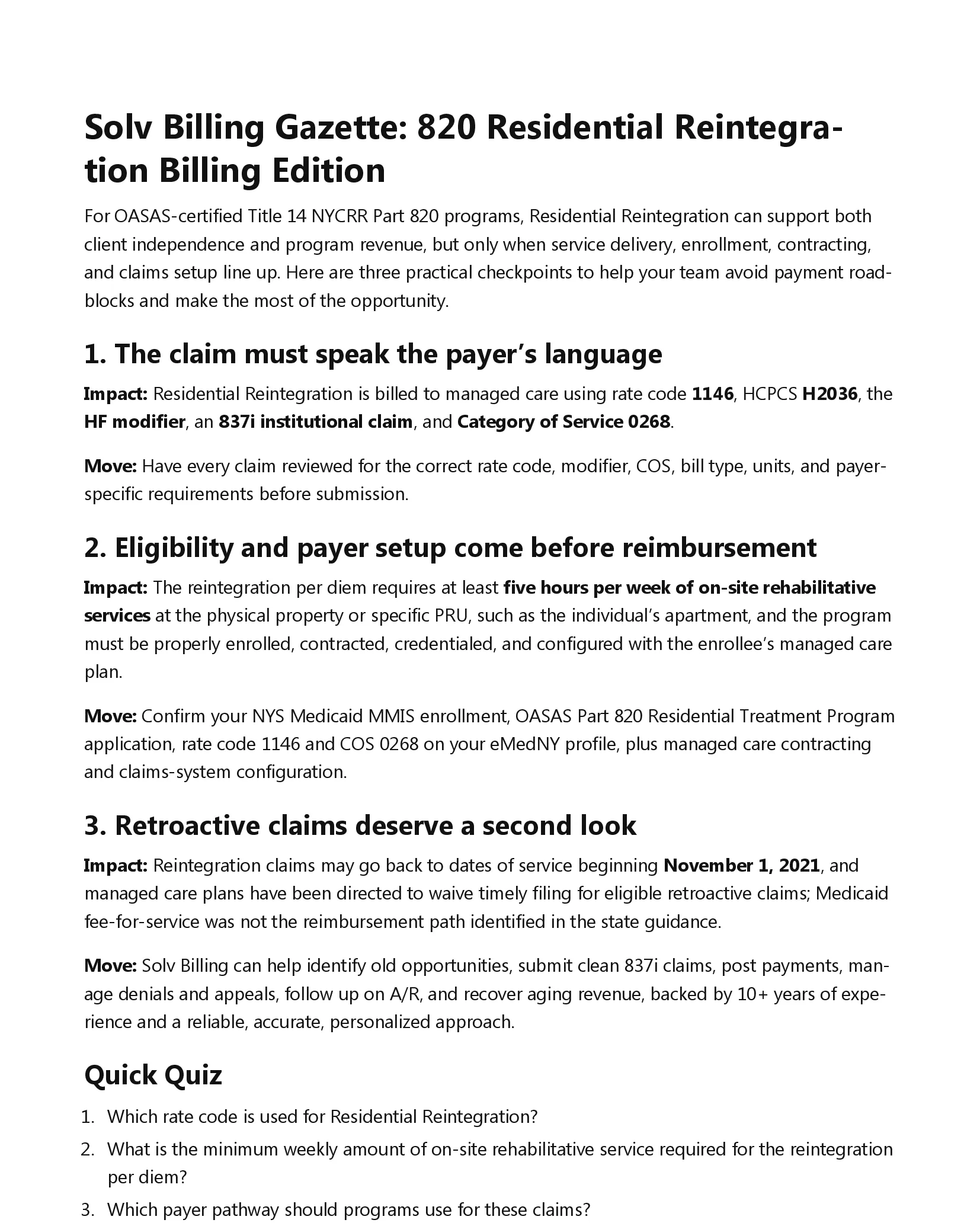 October 2026 article about 820 residential reintegration billing rules and claim setup