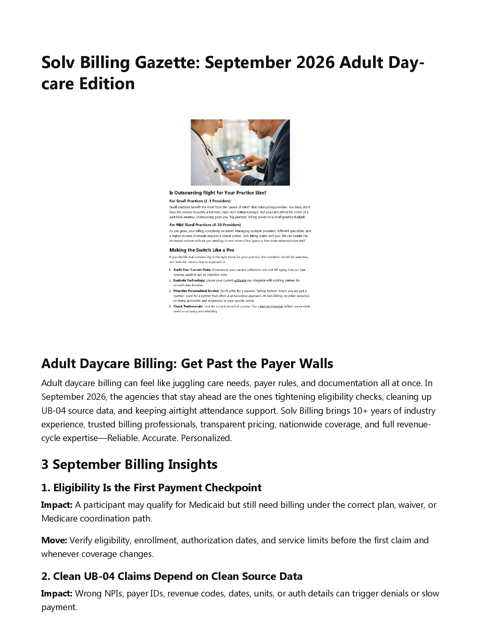 Solv Billing Gazette September 2026 Adult Daycare Edition page one